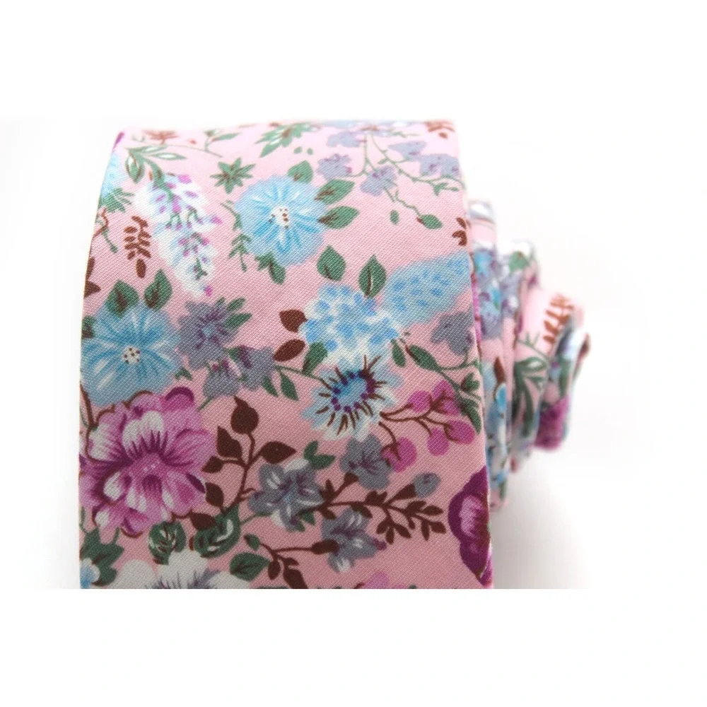 Men's Skinny Necktie Pink Floral Cotton Tie 2.5